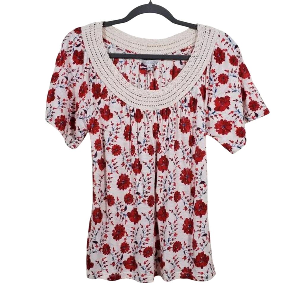Lucky Brand Crochet Floral Knit Top Ivory Red Women Size XS Short Sleeve NEW